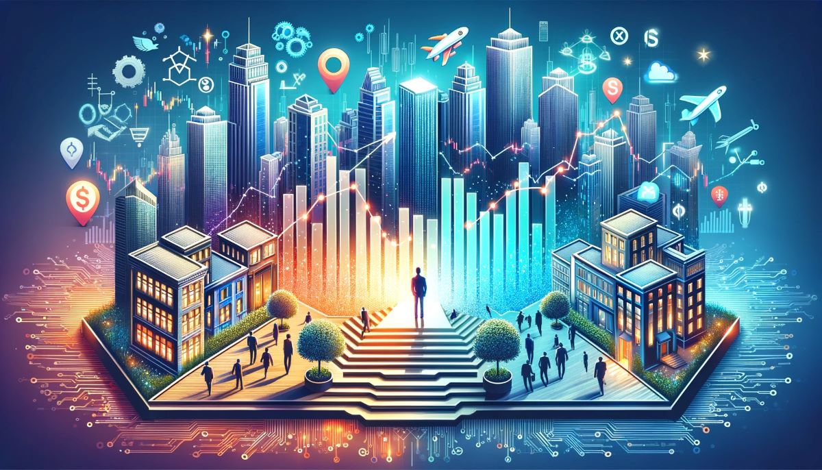 asset-scholar-realpha-goes-public-resize | Asset Scholar A person standing amid bar graphs and financial symbols with real estate all around. Represents reAlpha going public.