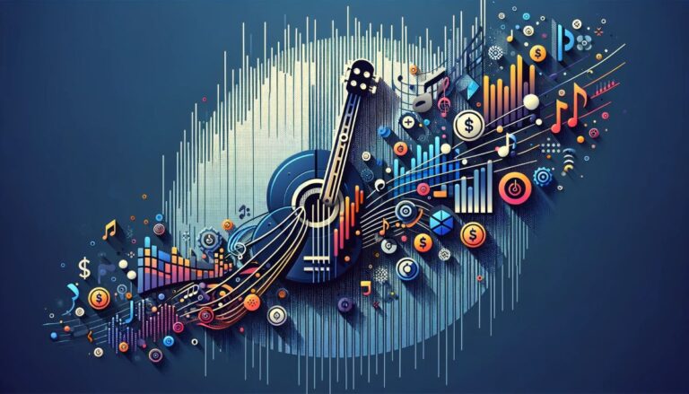 Depicts a broken guitar, music, finance, and data symbols. Review of Royal Music NFT platform.