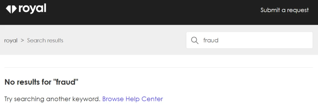 asset-scholar-royal-no-fraud-help-articles | Asset Scholar Depicts a search for the term "fraud" from the Royal help website.