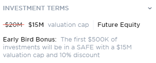 Depicts the terms of a SAFE investment offered on Wefunder.