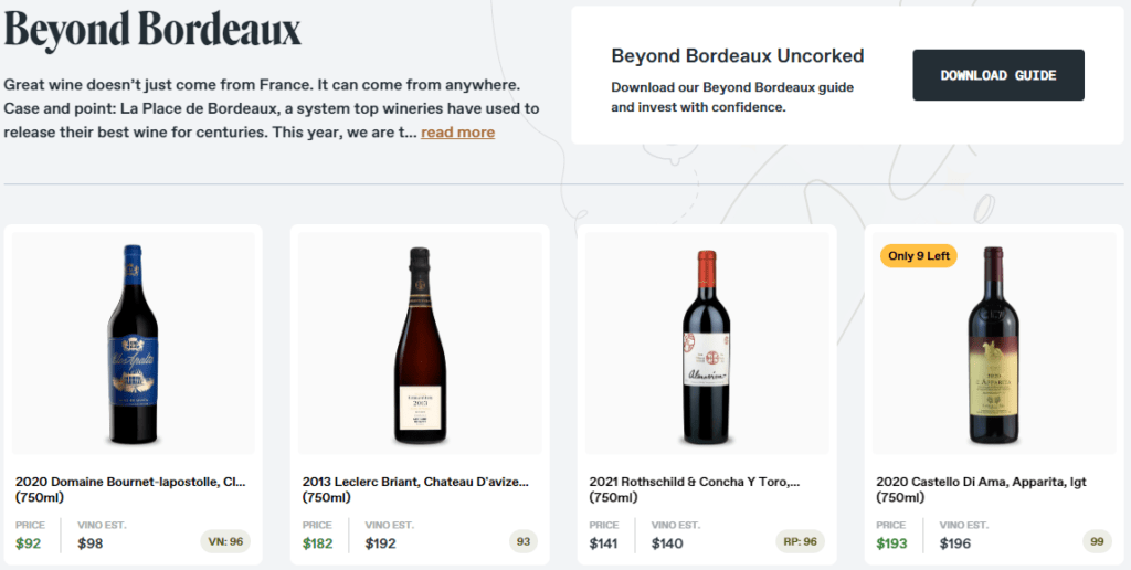 Depicts text, images, and price information related to a Vinovest wine collection offering.