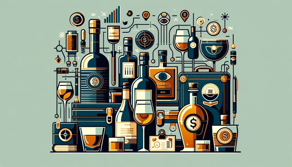 Depicts 2D wine and whiskey bottles aside each other among financial symbols. Represents Vinovest