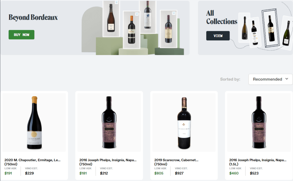 Depicts several photos of fine wine bottles with prices from an investment marketplace.