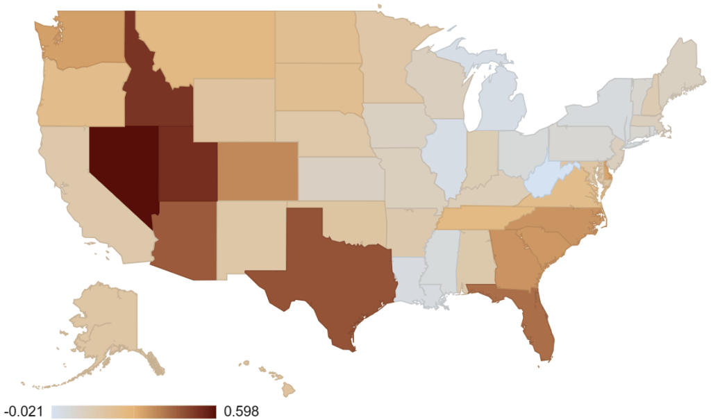 A heat map of the US showing population growth by state.