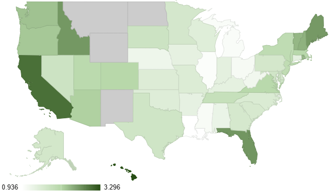 A heatmap of the US, showing residential real estate price increases by state.