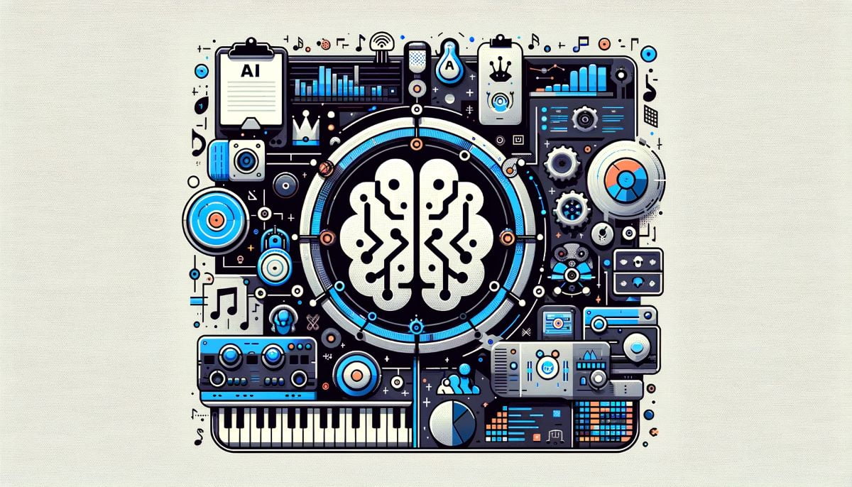 A 2D rendition of a cyber brain amid other data, finance, and music symbols arranged like a motherboard. Represents AI in music royalties.