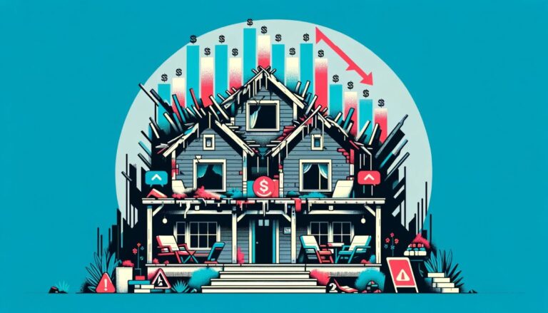 Depicts a dilapidated vacation rental house and negative financial symbols. Represents the failure of Here's fractional real estate investment business.
