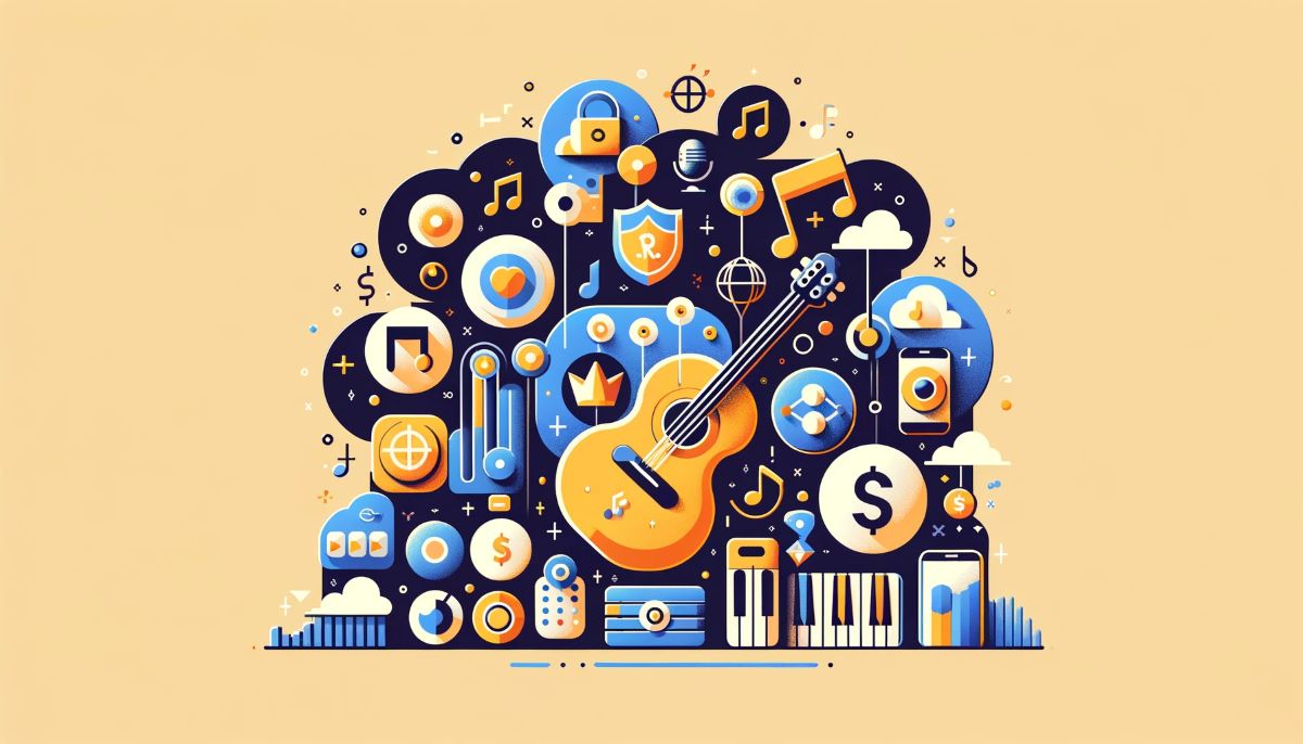 A guitar amid music and finance imagery. Represents investing in music royalties.