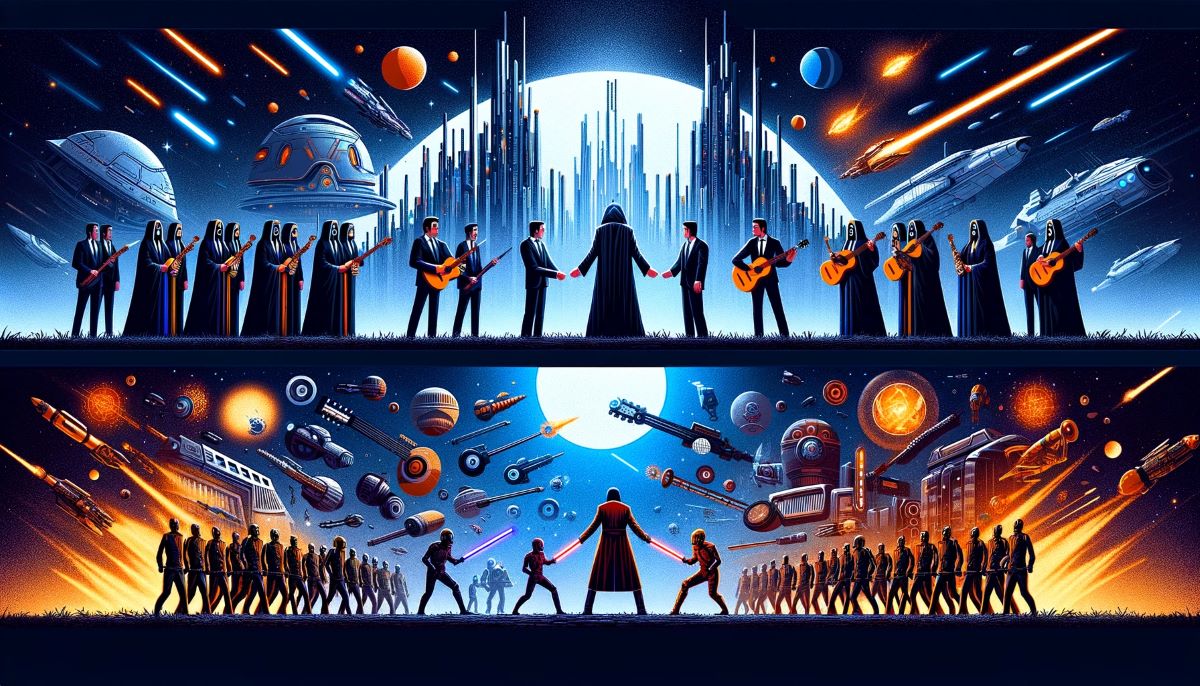 Soldiers standing in a formation armed with guitars and lightsabers. Represents TikTok vs UMG