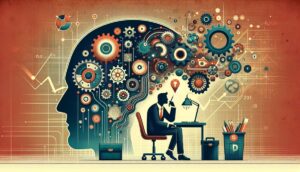 An investor sitting at a desk amid symbols relating to thinking. Represents survivalship bias.