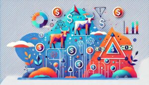 Cows and financial symbols in a pyramid arrangement. Represents the Agridime Ponzi scheme.